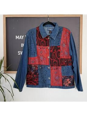 Blue Shaver Lake Patchwork Denim Jacket Embroidered Beaded Size S